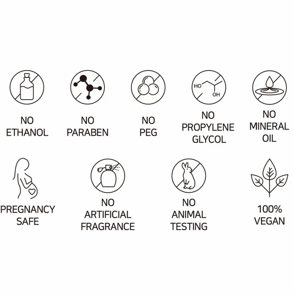 Icone: Senza etanolo, parabeni, PEG, glicole propilenico, olio minerale, profumo, test sugli animali, vegano.