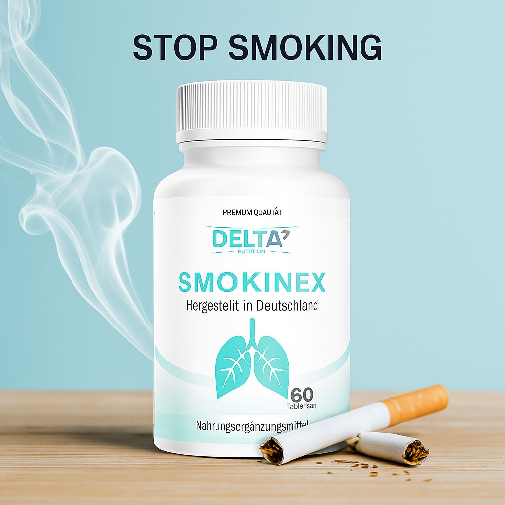 Flacone bianco con scritta SMOKINEX, DELTA7 NUTRITION. 60 compresse. Sigaretta e fumo sullo sfondo. Testo: STOP SMOKING.