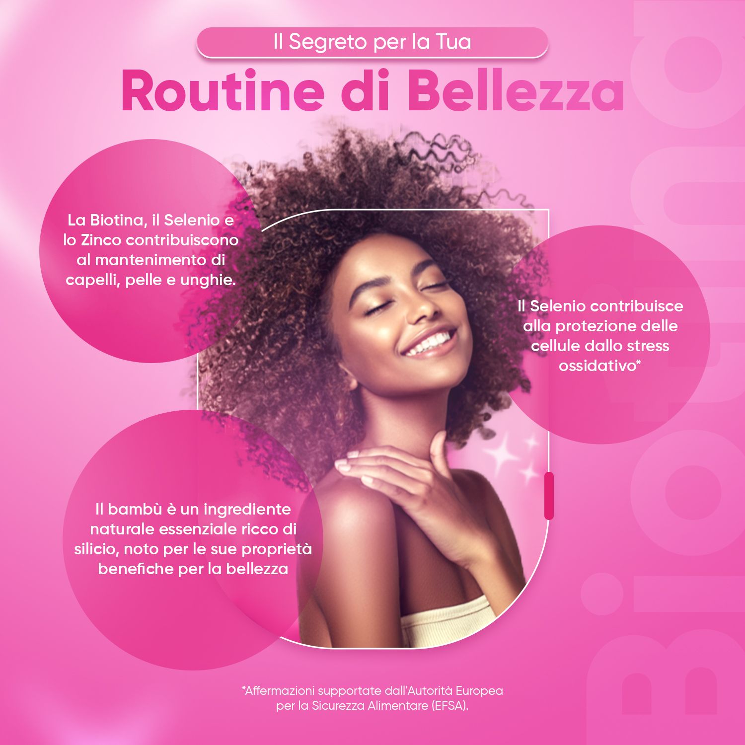 Donna con capelli ricci, circondata da testo. Testo: La Biotina, Il Selenio e lo Zinco contribuiscono al mantenimento di capelli, pelle e unghie.