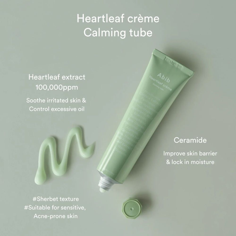 Tubo verde chiaro con prodotto e goccia di crema. Testo: Heartleaf crème, Calming tube, Ceramide. Marchio: Abib.