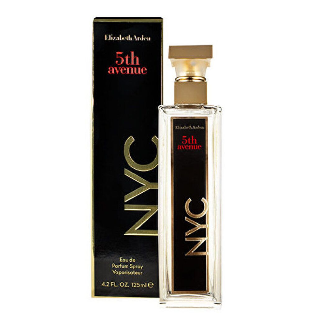 Flacone di profumo e scatola. Flacone rettangolare trasparente. Scatola nera con scritta dorata: NYC.