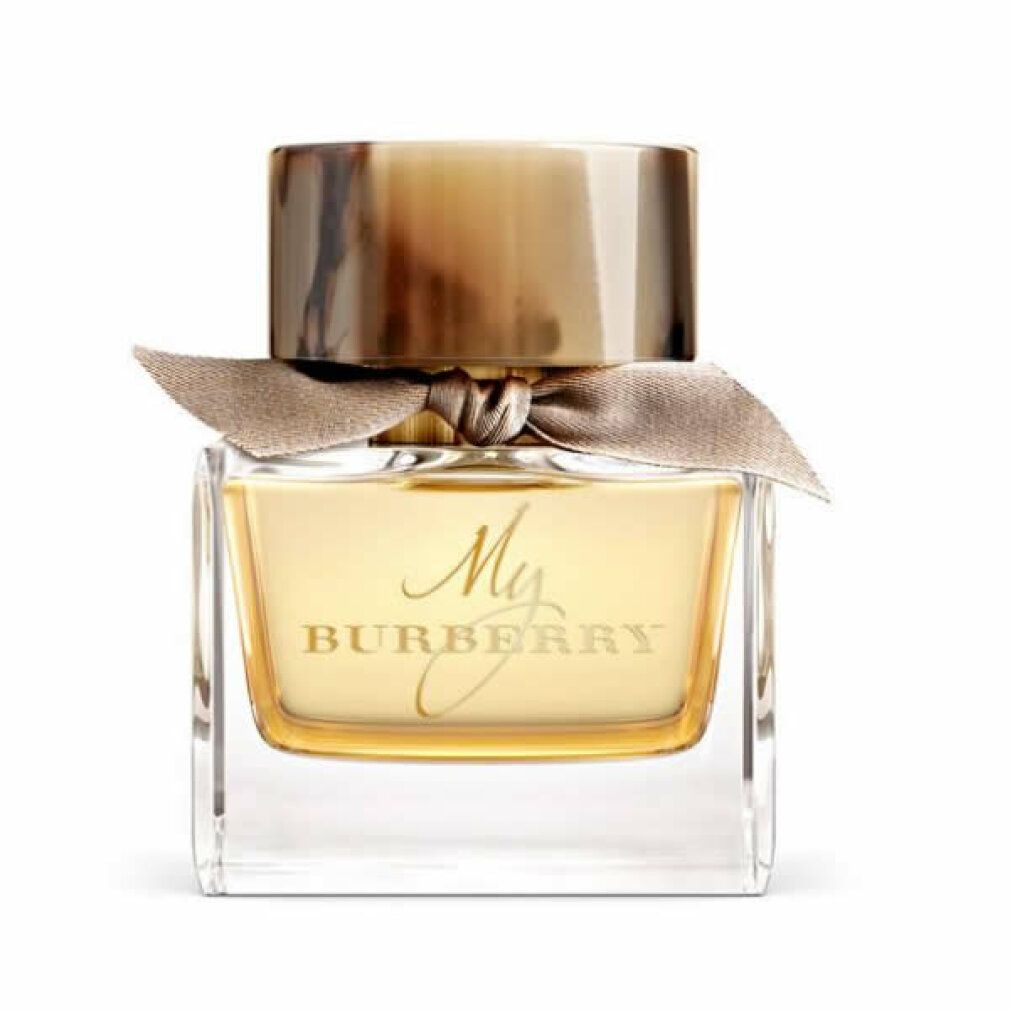 My Burberry Eau De Parfum Spray. Flacone quadrato in vetro con tappo dorato e fiocco. Nome del prodotto sul flacone.