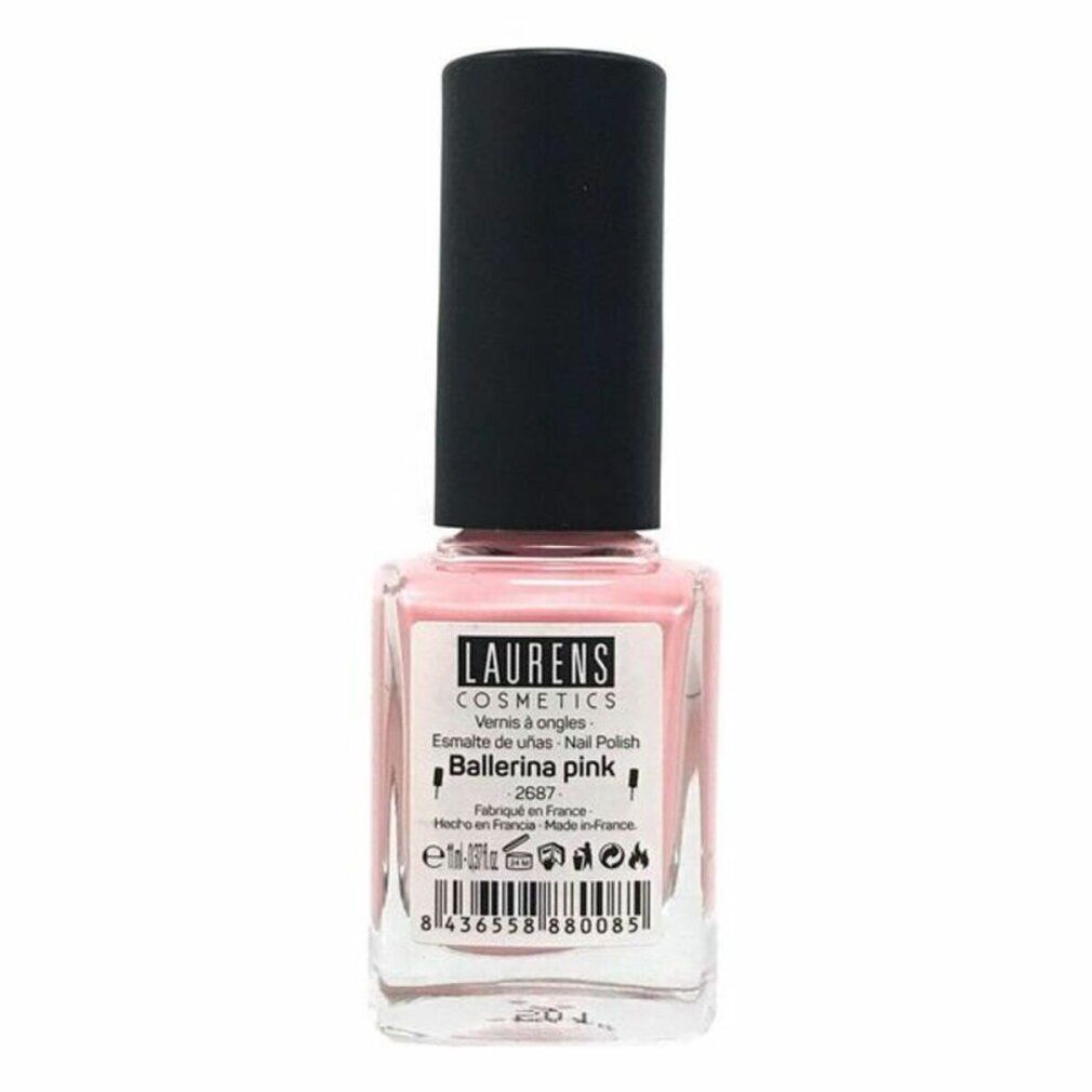 Flacone di smalto rosa con tappo nero. Scritta: LAURENS COSMETICS. Nome prodotto: Ballerina pink. Indicazione del volume.