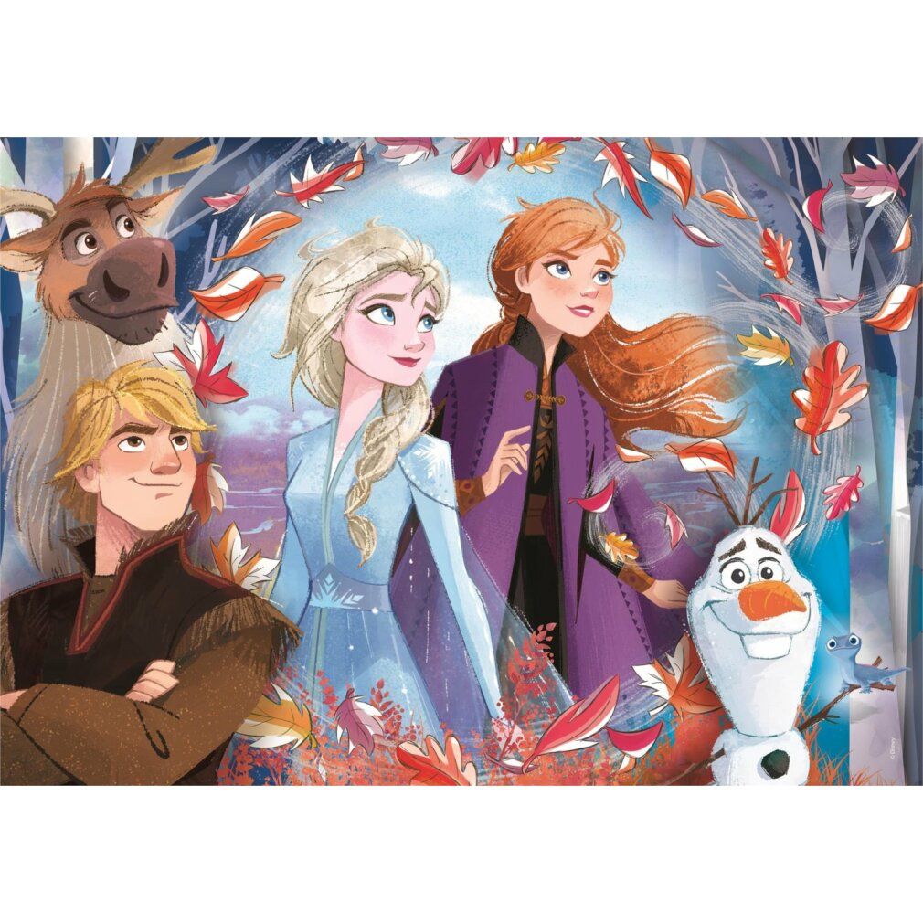 Puzzle Clementoni Frozen 2, 60 pezzi. Immagine dei personaggi Elsa, Anna, Kristoff, Sven e Olaf. Sfondo: foresta con foglie.