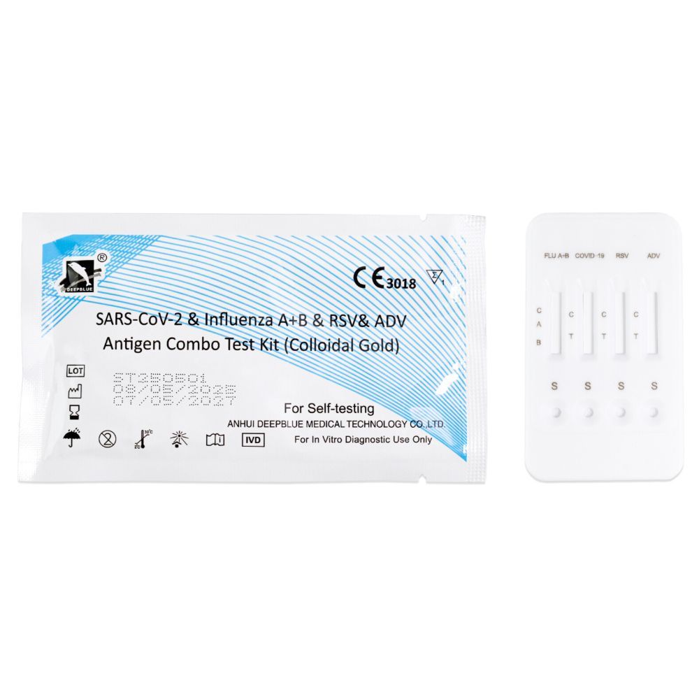 Confezione del kit di test e strisce. Contiene test per SARS-CoV-2, Influenza A/B, RSV e ADV. Con marchio CE.