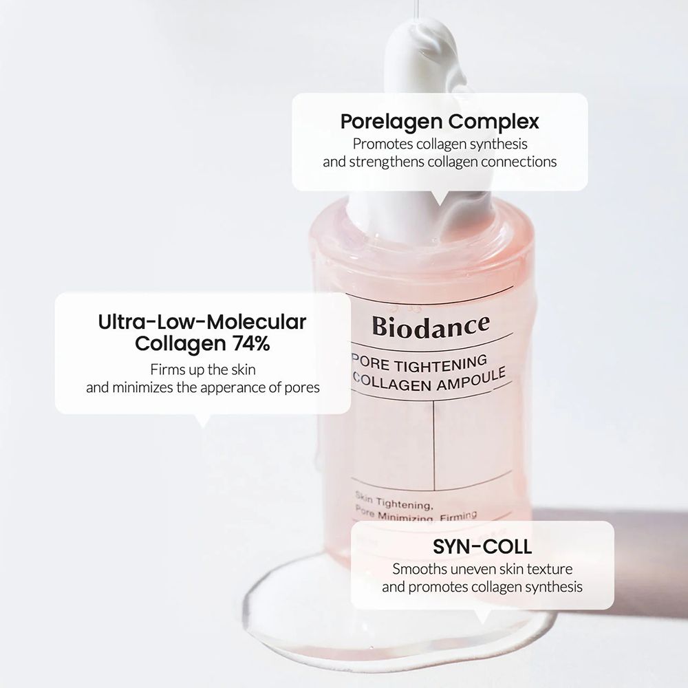 Flacone rosa con tappo bianco. Scritta: Biodance PORE TIGHTENING COLLAGEN AMPOULE. Etichette di testo.