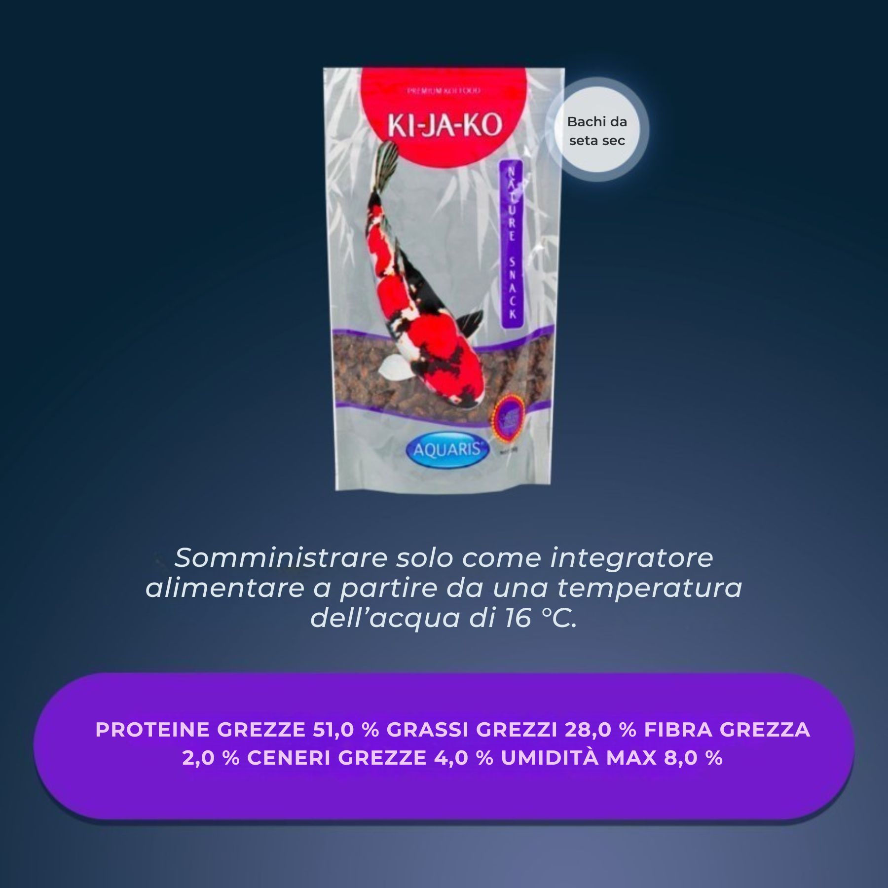 Confezione di KI-JA-KO Koifischfutter Nature Snack. Testo con informazioni nutrizionali.