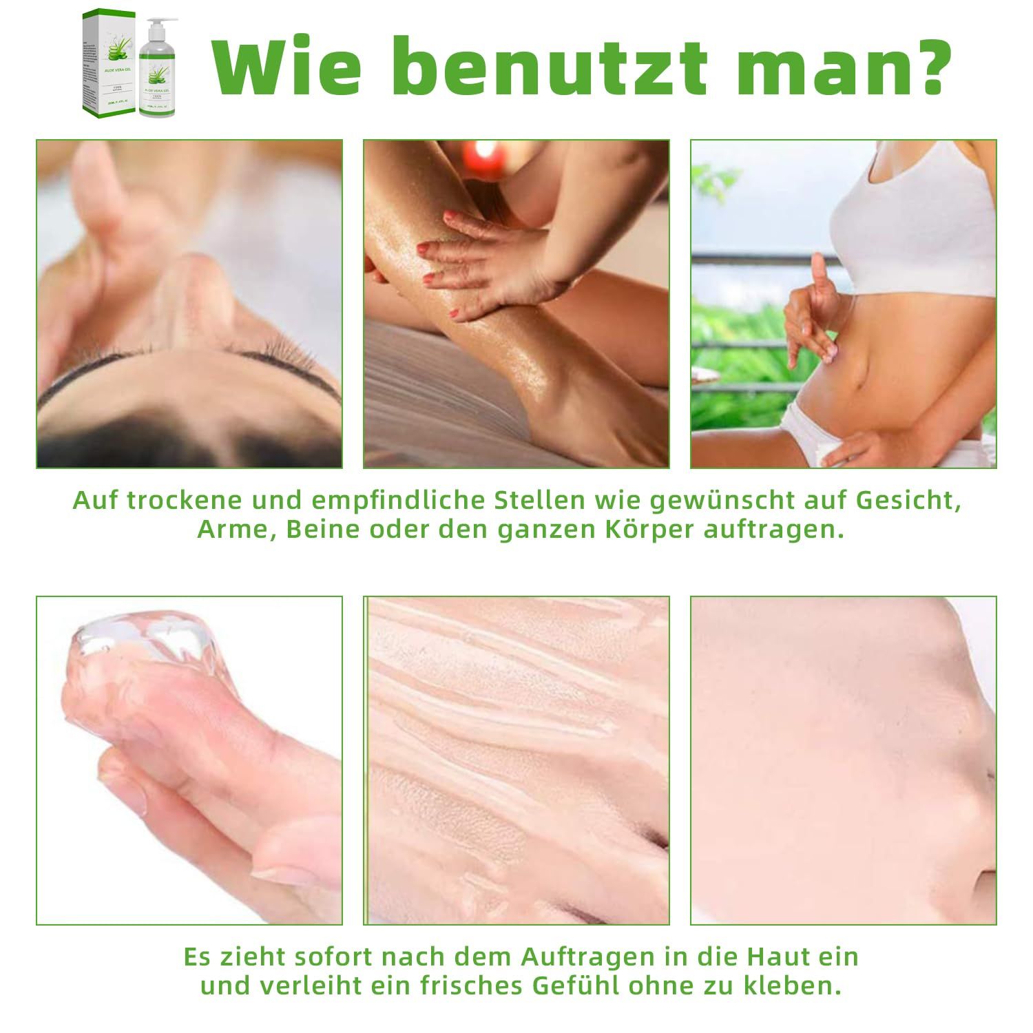 Diverse immagini mostrano l'applicazione del gel di aloe vera. Testo: Come si usa? Applicare su viso, braccia, gambe.