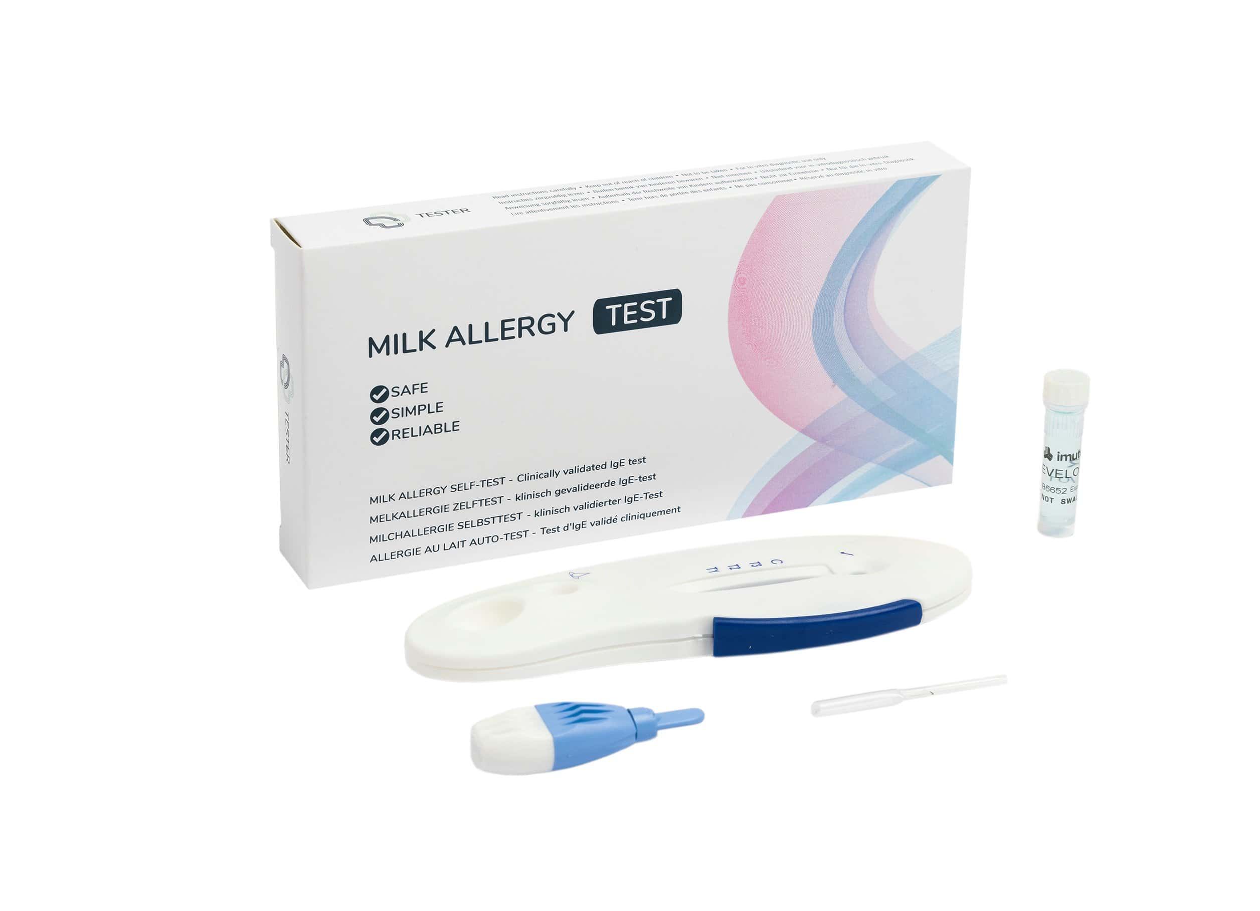 Kit test allergia al latte con cassetta di test, pipetta, lancetta e provetta.