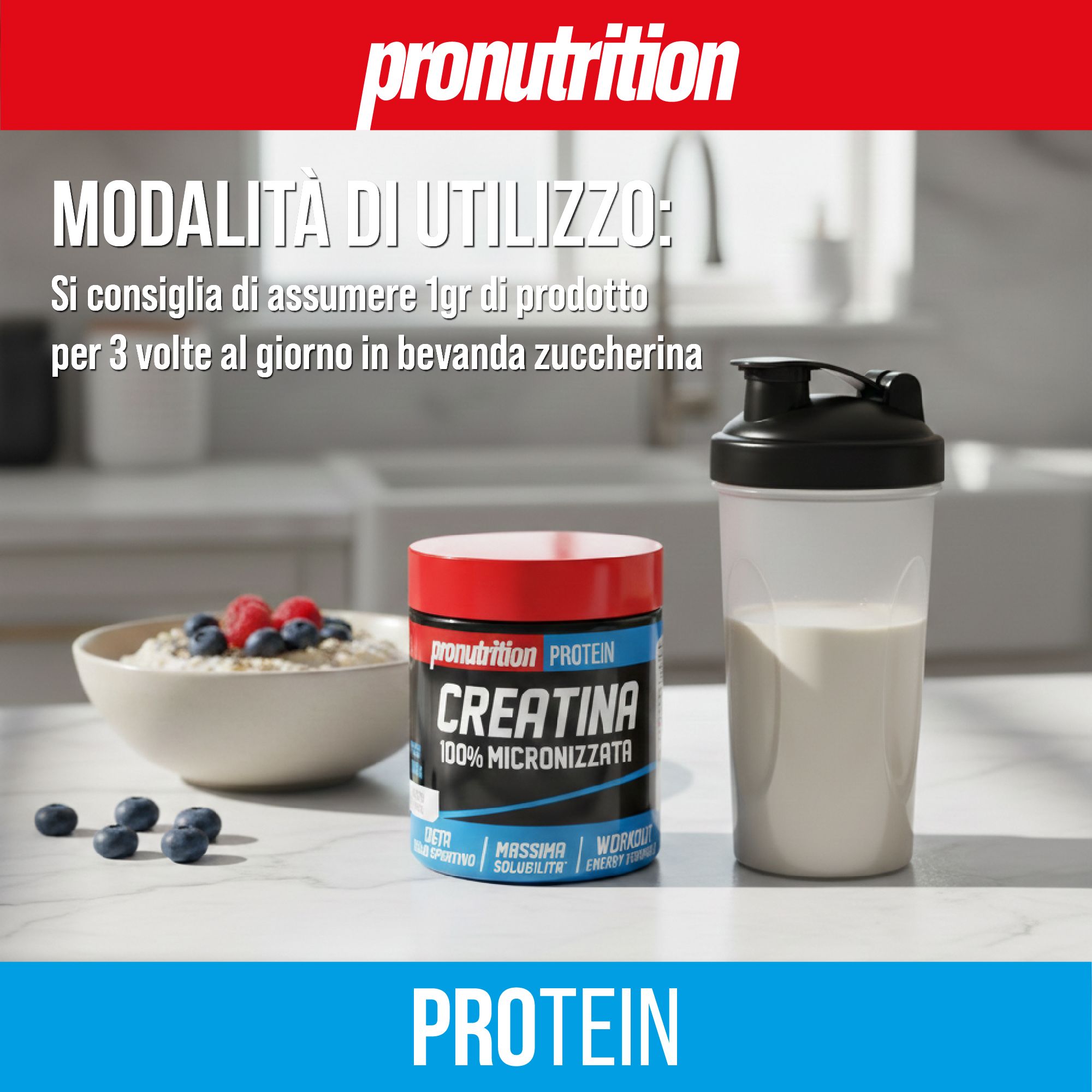 Barattolo di creatina micronizzata, shaker, fiocchi d'avena con frutti di bosco. Testo: Pronutrition, Protein, Creatina 100% Micronizzata. Blu e rosso.