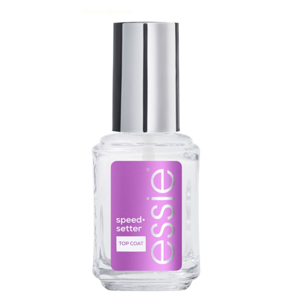 Essie Speed-Setter Top Coat. Flacone trasparente con tappo argentato ed etichetta viola. Nome e marchio del prodotto visibili.