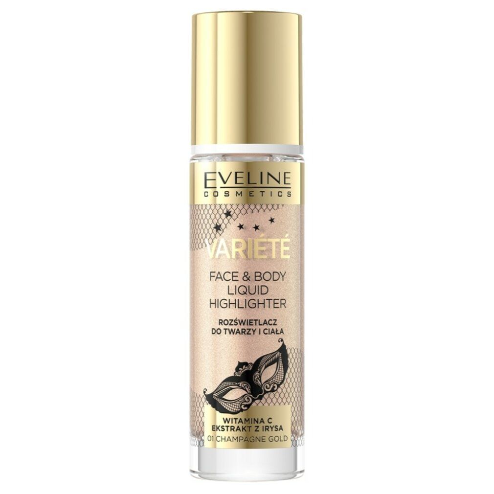 Highlighter liquido in flacone cilindrico. Tappo dorato. Scritte: Eveline, Variété, Face & Body Liquid Highlighter. Colore: 01 Champagne Gold.