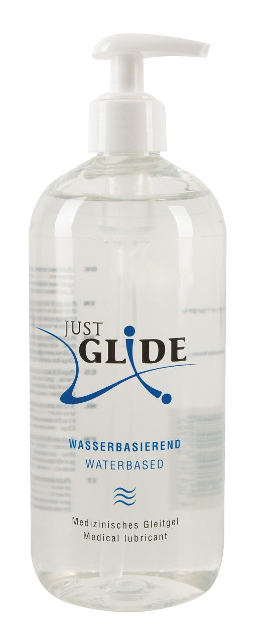 Gel lubrificante Just Glide a base d'acqua, in flacone trasparente con dispenser e bollicine.