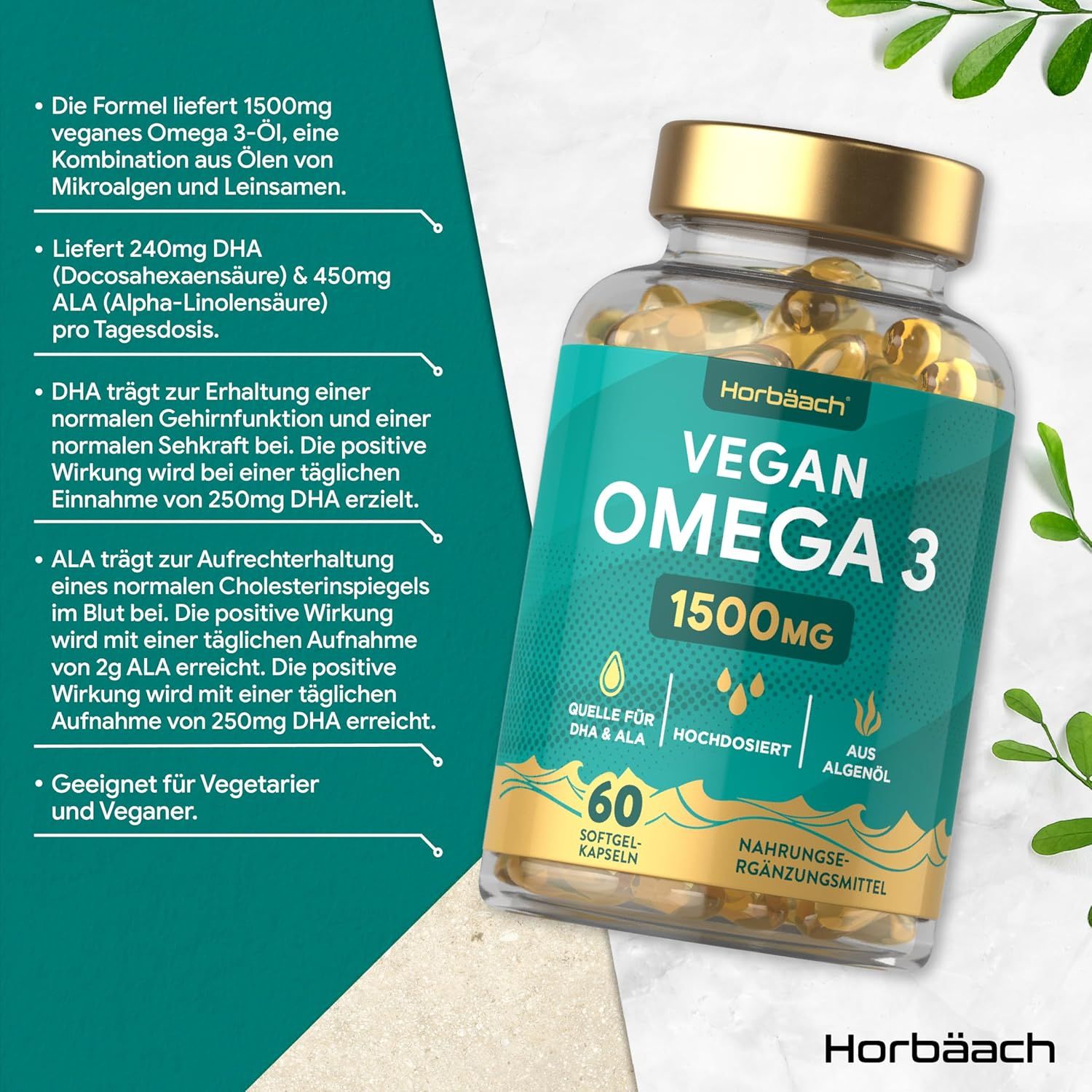 Flacone trasparente di capsule Horbaach Vegan Omega 3. 60 capsule. Testo: 1500mg, fonte di DHA e ALA. Tappo dorato. Ingredienti e informazioni.