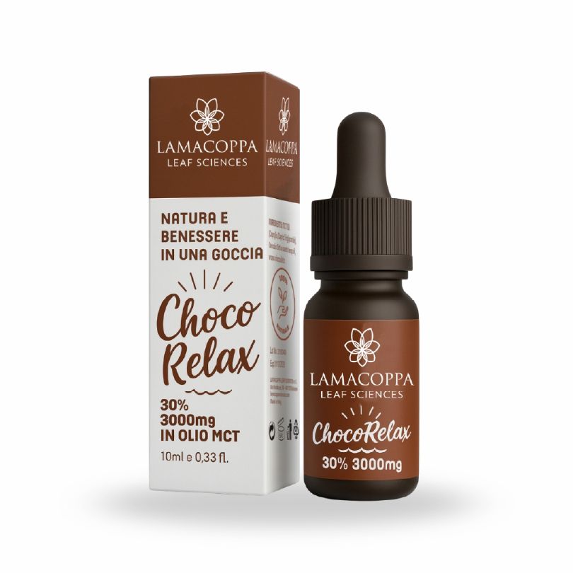 Flacone in vetro marrone con contagocce e scatola per ChocoRelax, 30% 3000mg in olio MCT.
