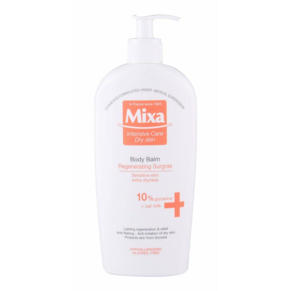Flacone bianco Mixa Body Balm Regenerating Surgras. 10% glicerina e latte d'avena. Tappo a pompa. Logo arancione.