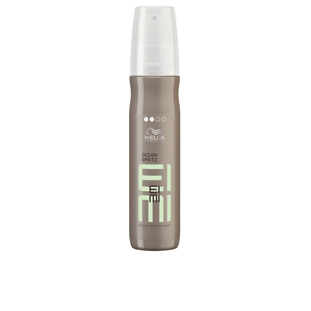 Flacone spray per capelli marrone-grigio con erogatore bianco. Testo: Wella Eimi Ocean Spritz.