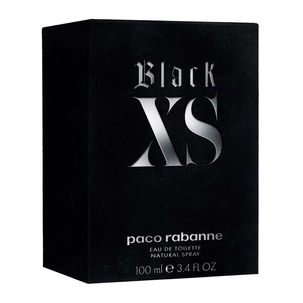 Scatola nera con logo "Black XS" argentato e scritta "paco rabanne". Testo "Eau de Toilette".