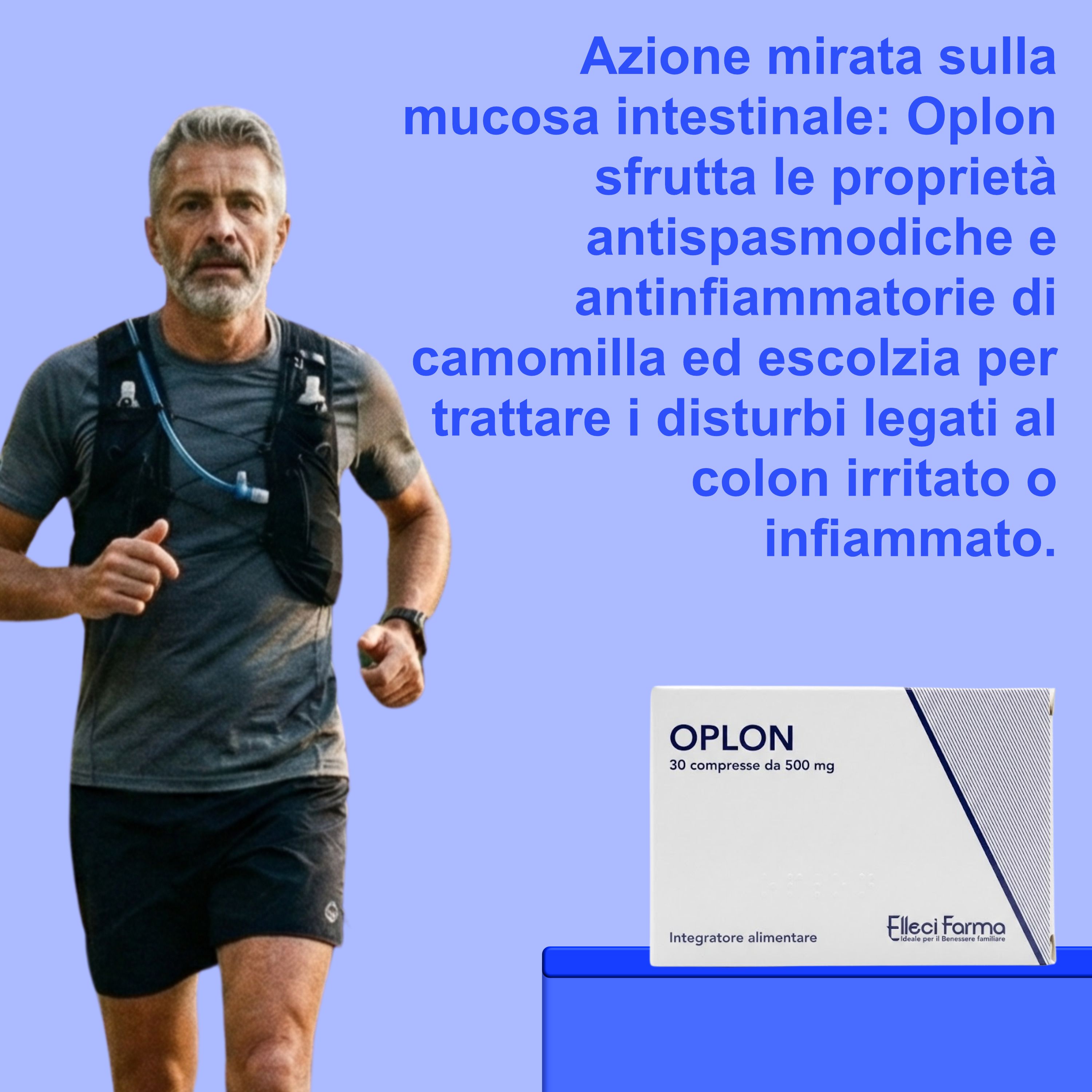 Uomo che fa jogging. Scatola OPLON. Infobox blu con testo. Logo Elleci Farma. 30 compresse, 500 mg.