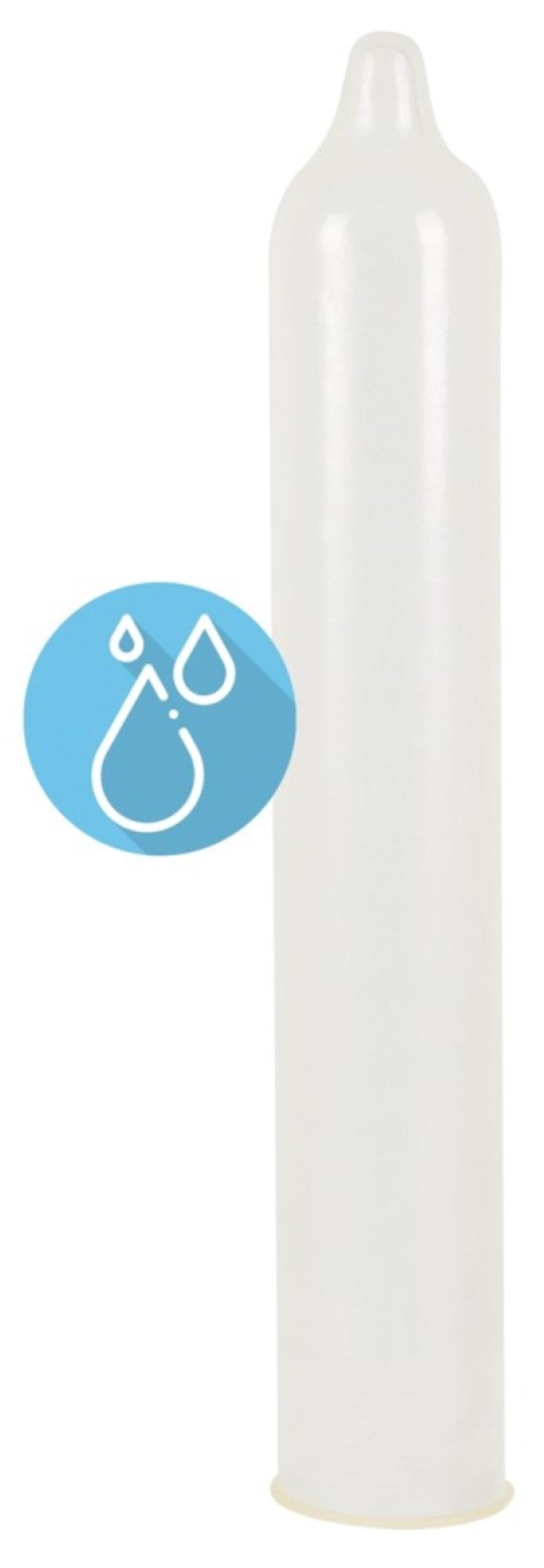 Preservativo bianco, cilindrico, con punta arrotondata. Grafica blu con gocce d'acqua. Bordo giallo.