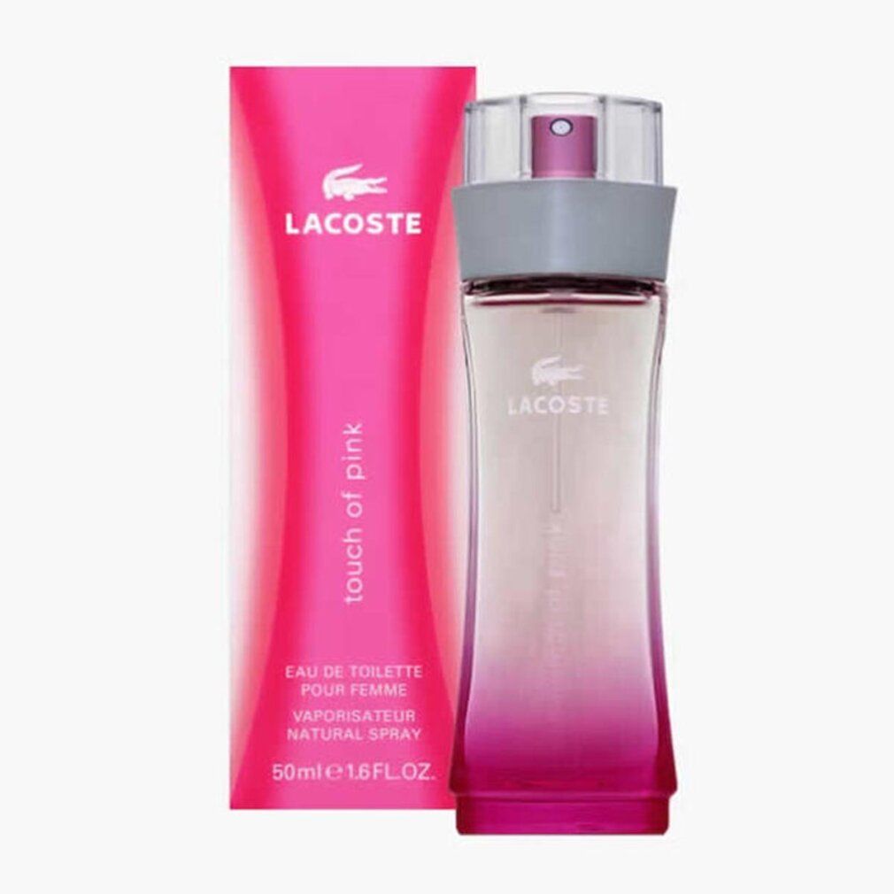 Flacone e confezione Lacoste Touch of Pink. Confezione rosa accanto al flacone. Logo e testo. Testo: Eau de Toilette, 50ml.