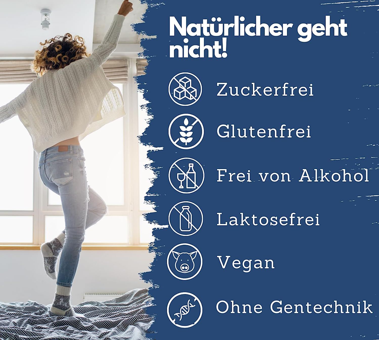 Sfondo blu con testo: Più naturale non si può! Senza zucchero, senza glutine, senza alcol, senza lattosio, vegano, senza OGM.