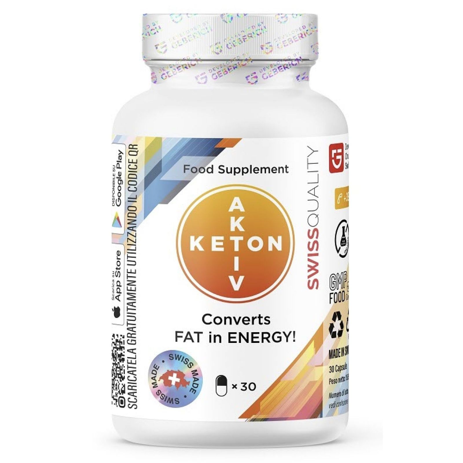 Flacone bianco KETON AKTIV. Testo: "Converts FAT in ENERGY!". Contiene 30 capsule. Sigillo Swiss Quality.