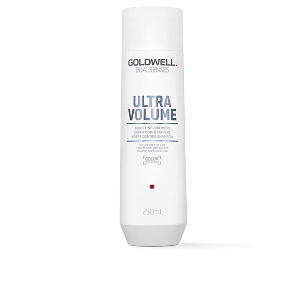 Shampoo bianco 'Goldwell Dualsenses Ultra Volume'. Quadrato rosso e logo 'Color'. 250 ml.