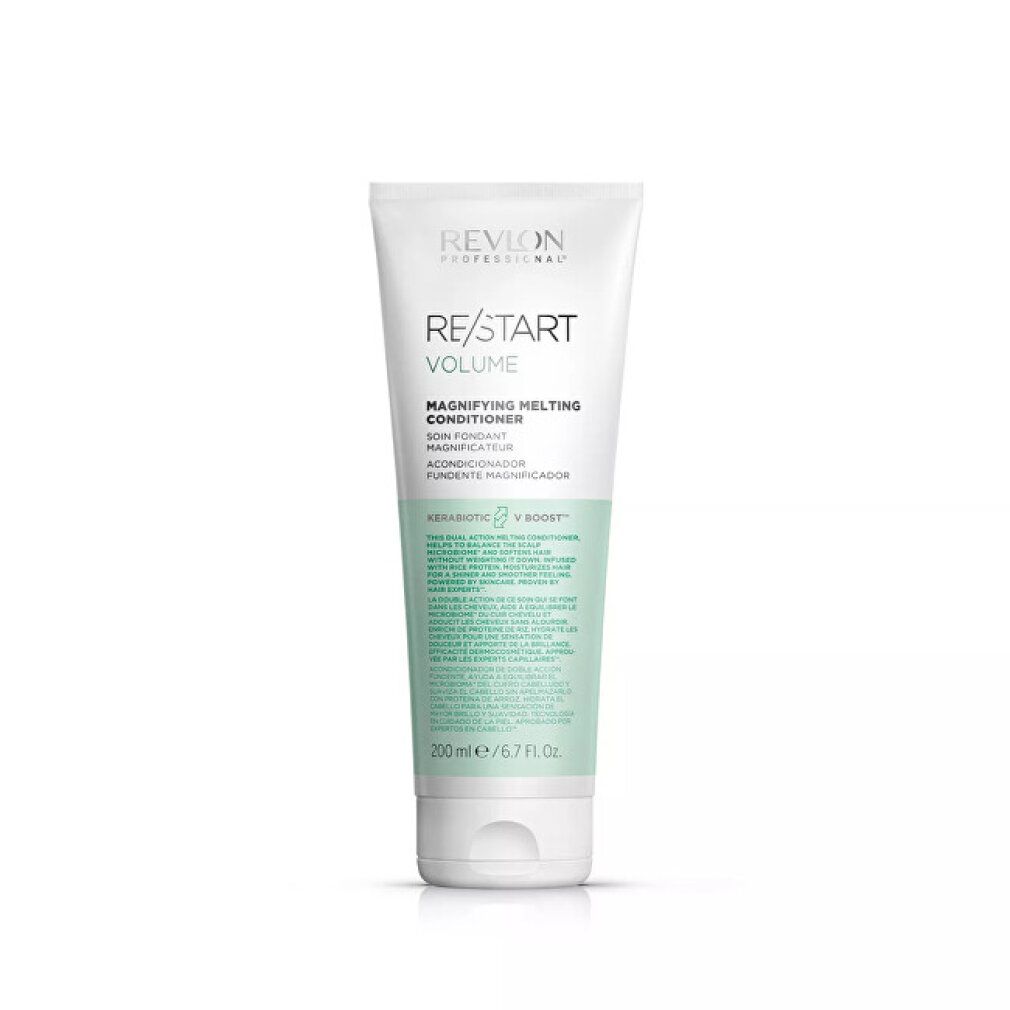 Tubo Revlon Re/Start Volume Magnifying Melting Conditioner. Tubo bianco con dettagli verdi e neri.