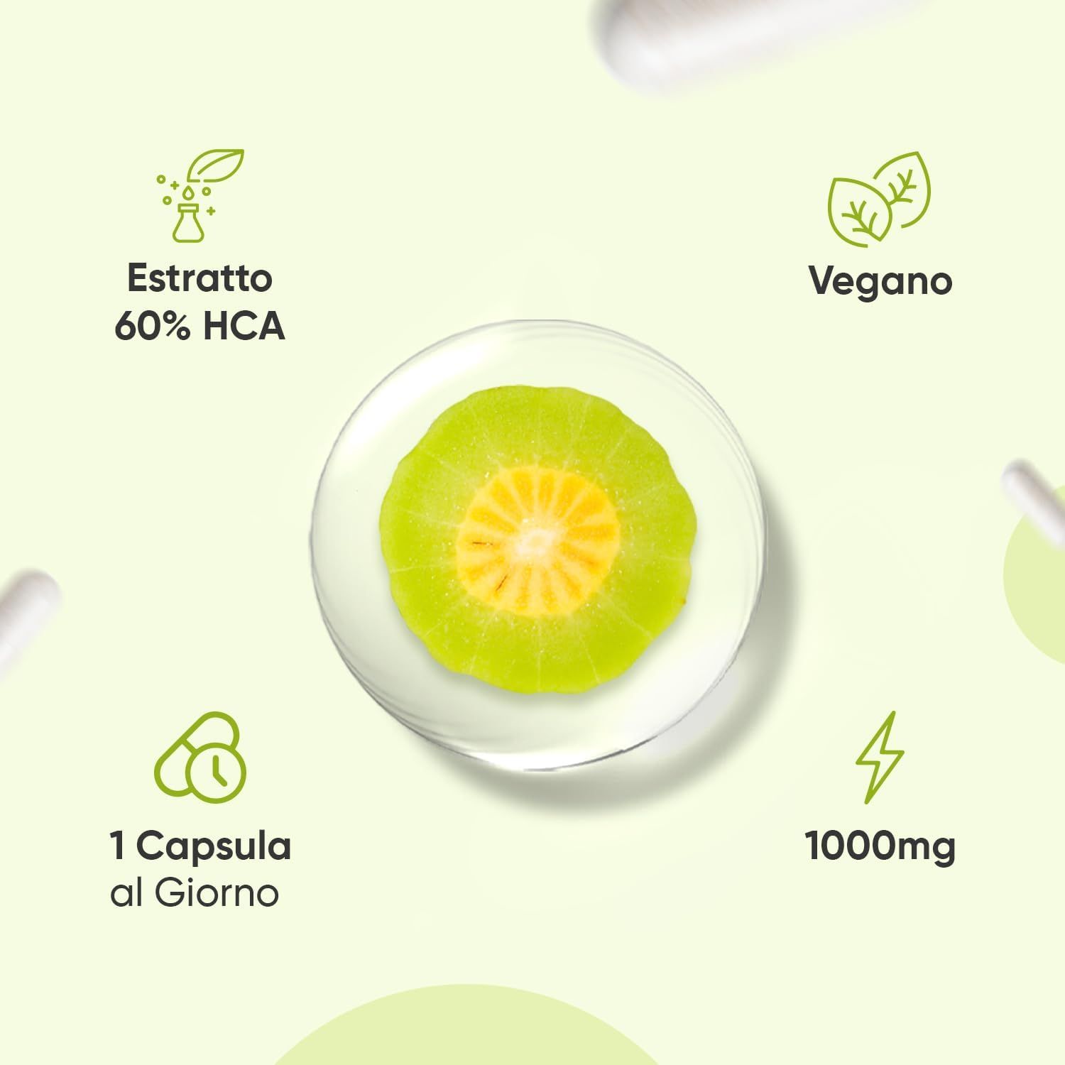 Primo piano di capsule di Garcinia Cambogia e frutta. Testo: Estratto 60% HCA, vegano, 1 capsula al giorno, 1000mg.