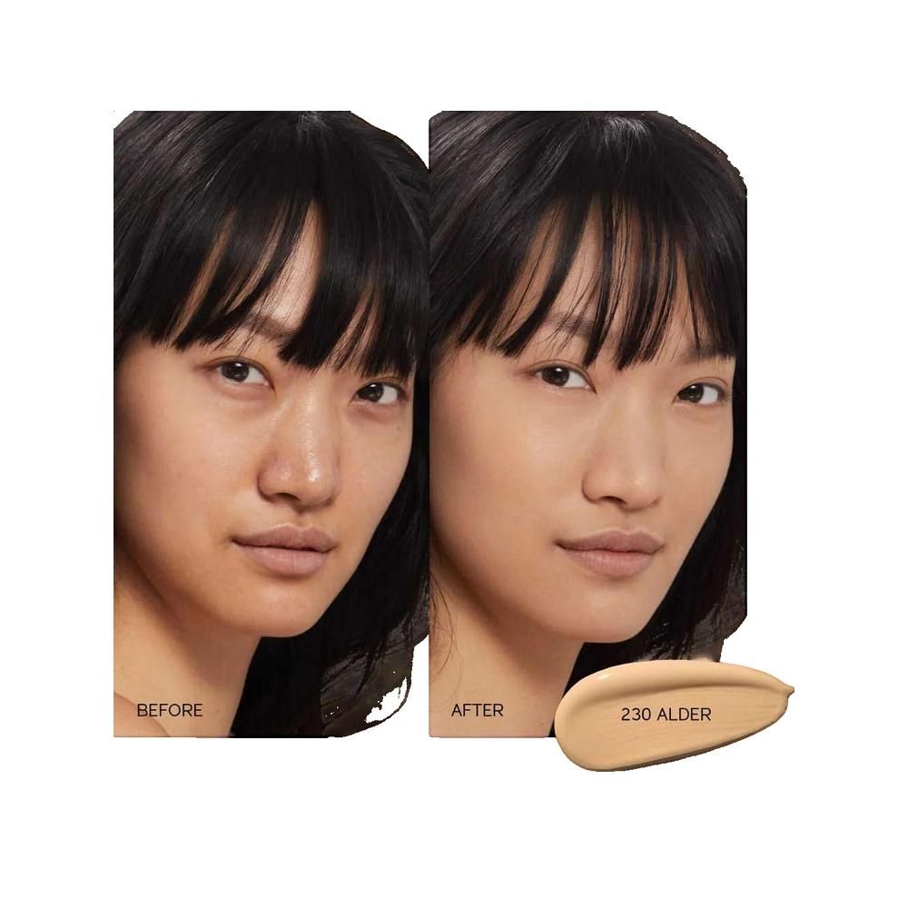 Confronto prima-dopo. Donna con e senza fondotinta. Tonalità 230 Alder.