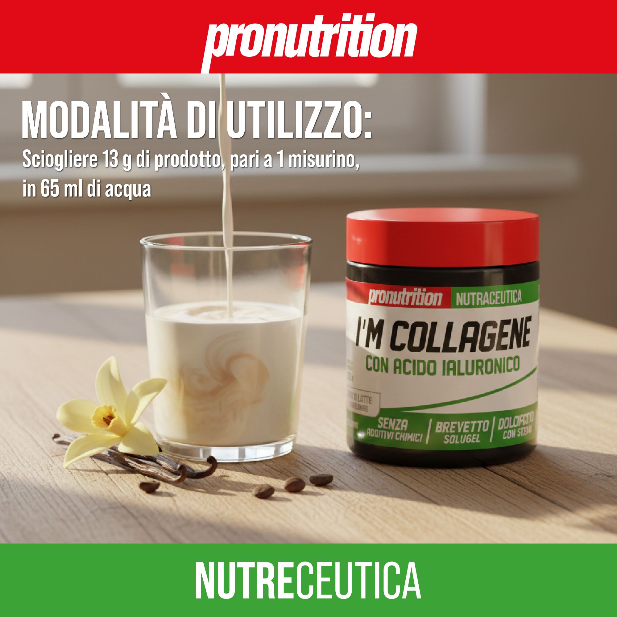 Prodotto e bevanda in vetro. Testo: MODALITÀ DI UTILIZZO: Sciogliere 13 g di prodotto in 65 ml di acqua. Vaniglia, chicchi di caffè.