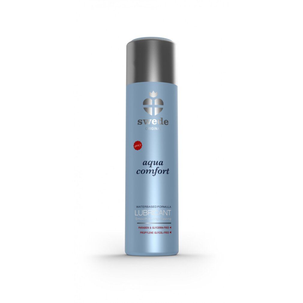 Flacone azzurro con tappo argentato. Scritta: aqua comfort, LUBRICANT. Marchio Swede.