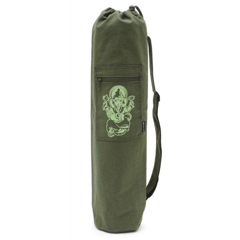 Borsa yoga verde con stampa Ganesha. Forma allungata, tracolla, tasca con zip.