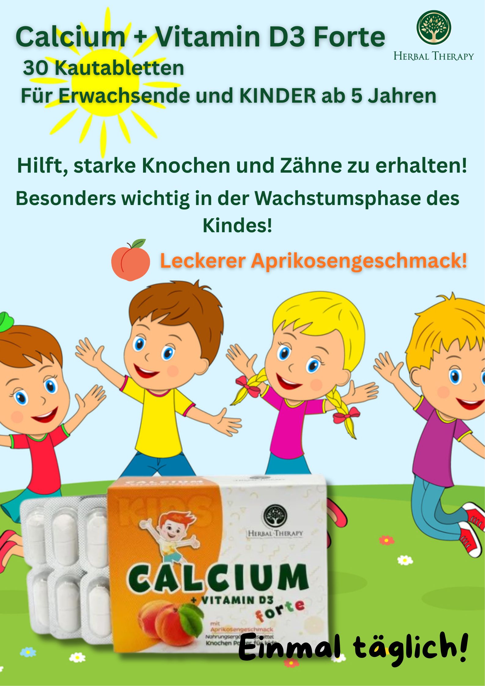 Immagine pubblicitaria con bambini e confezione del prodotto. Scritta: Calcium + Vitamina D3 forte. Logo: Herbal Therapy. Testo: Per bambini dai 5 anni.