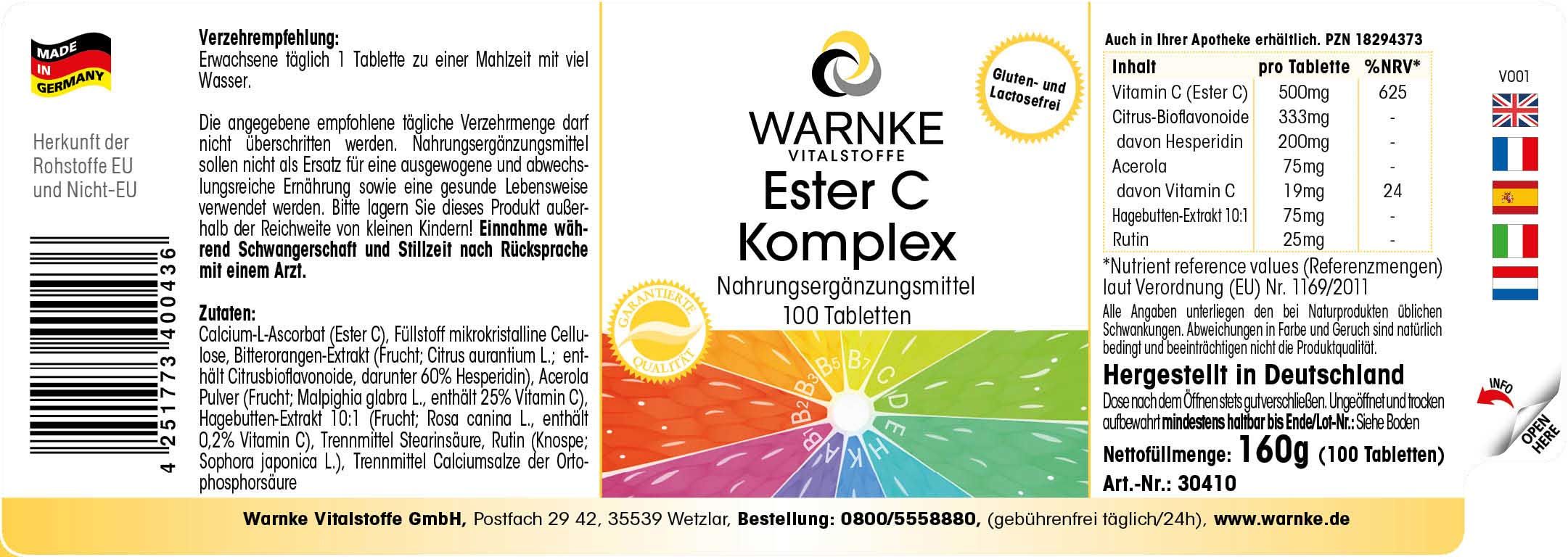 Etichetta con informazioni sul prodotto. Scritta: Warnke Ester C Komplex. 100 compresse. Ingredienti e informazioni nutrizionali.