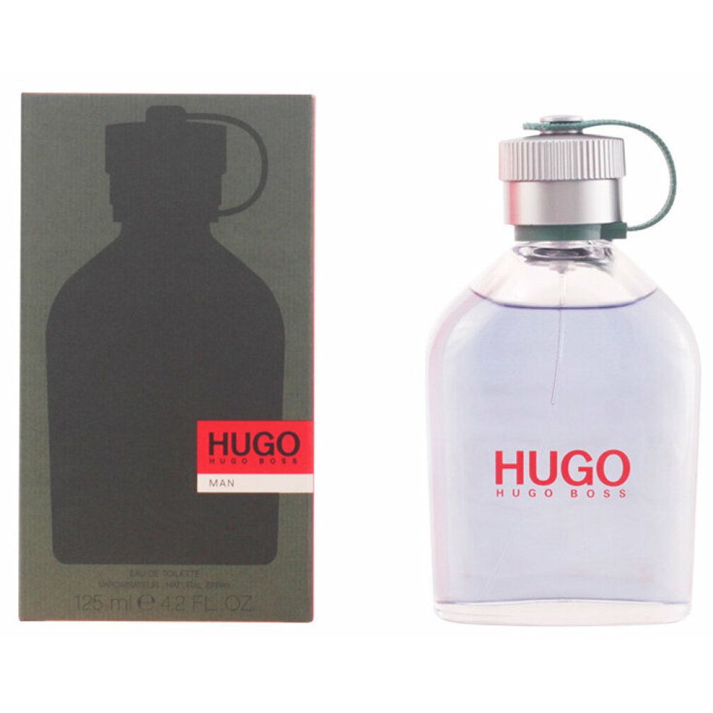 Hugo Boss Hugo Eau de Toilette. Flacone e confezione. Flacone con tappo argentato e cinturino verde. Scritte rosse.