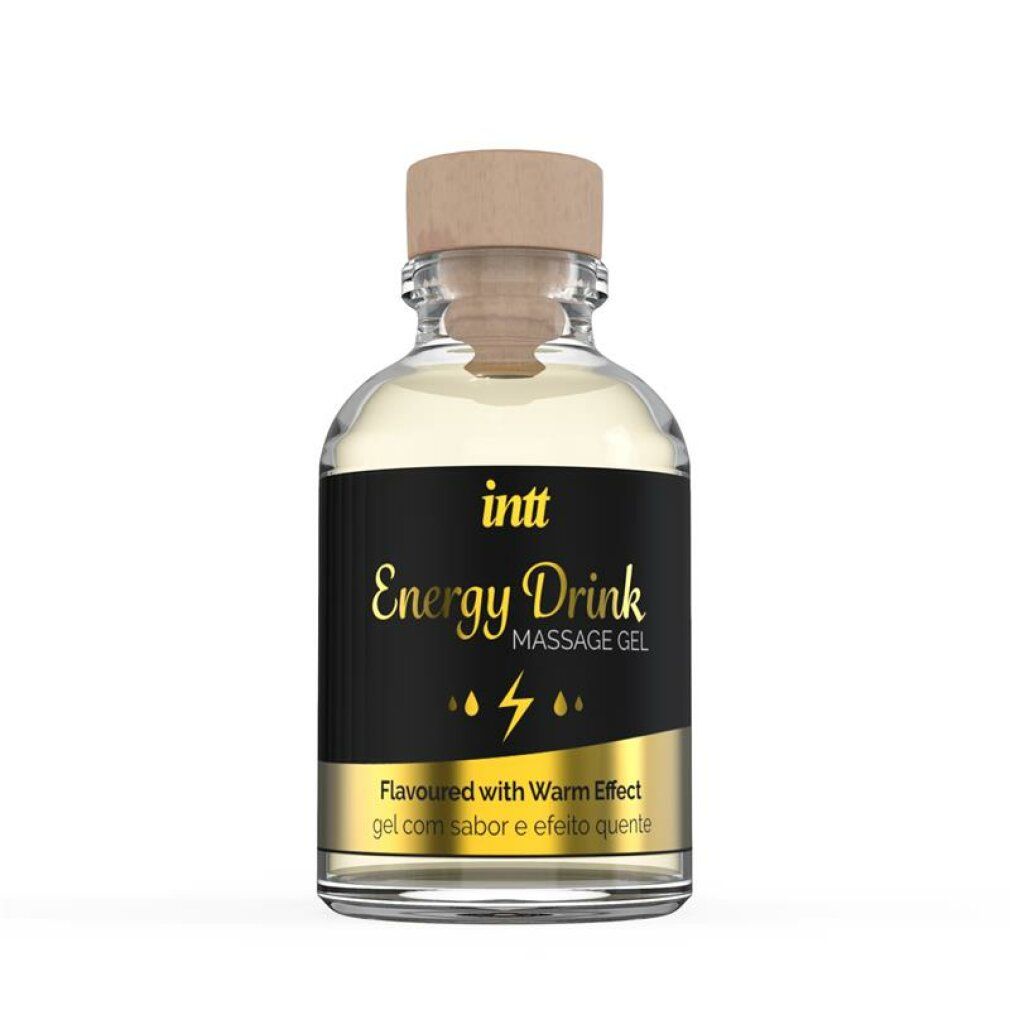 Flacone in vetro con tappo in legno. Etichetta nera con testo dorato: intt Energy Drink Massage Gel. Con effetto caldo.