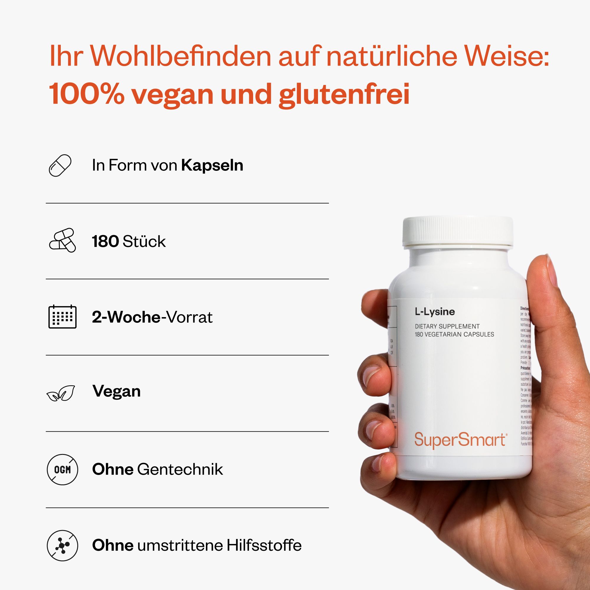 Flacone bianco di L-Lisina, 180 capsule, vegano, senza glutine, senza OGM.