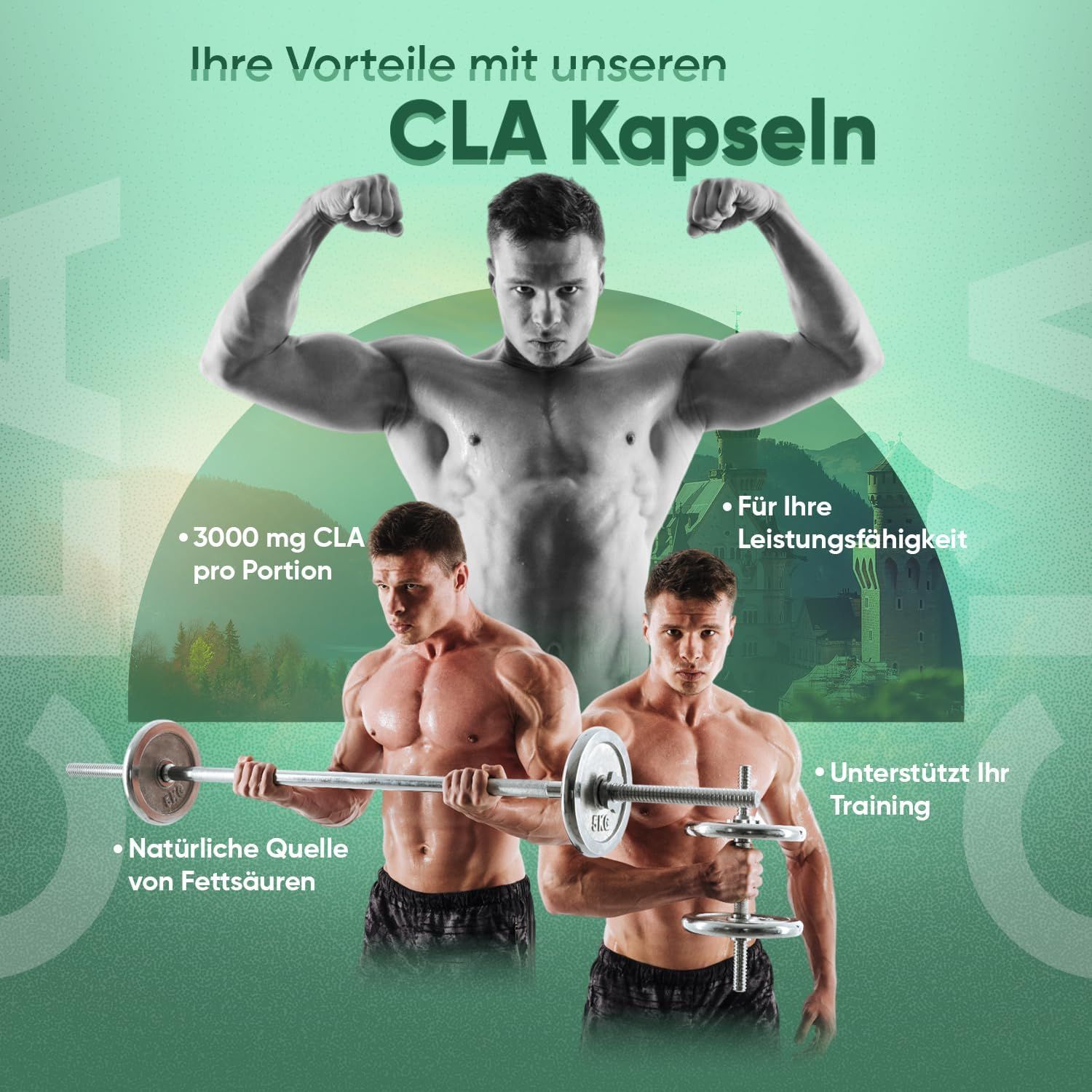 Immagine pubblicitaria con uomini muscolosi e attrezzature sportive. Testo: I tuoi vantaggi con le nostre capsule CLA. 3000 mg CLA per porzione.