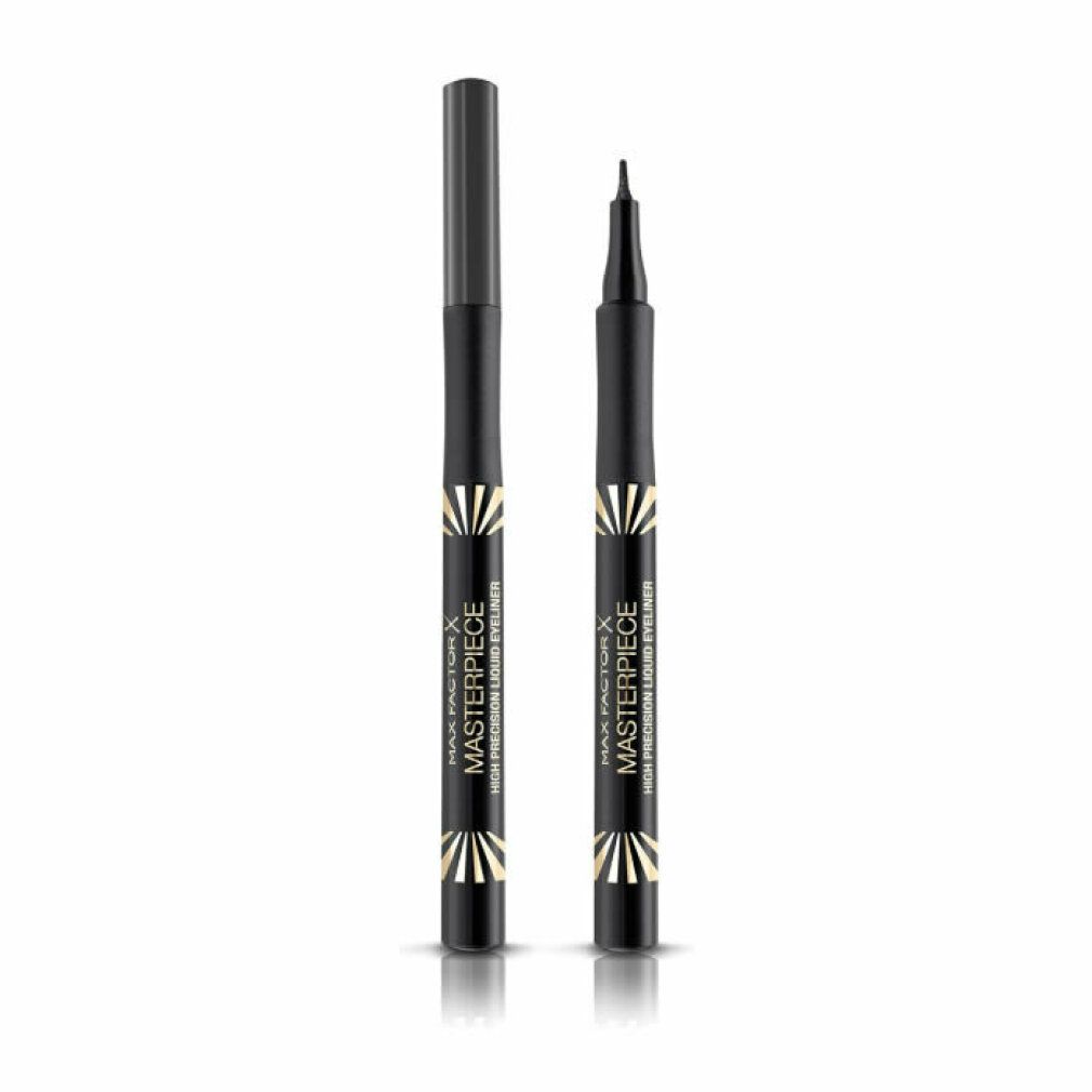 Due penne eyeliner nere. La penna riporta la scritta "MASTERPIECE" e "MAX FACTOR".