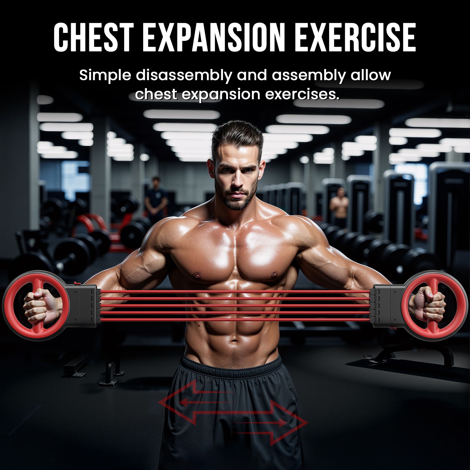 Dispositivo nero e rosso per braccia e petto. Una persona si allena con il dispositivo. Bande rosse collegano le maniglie.