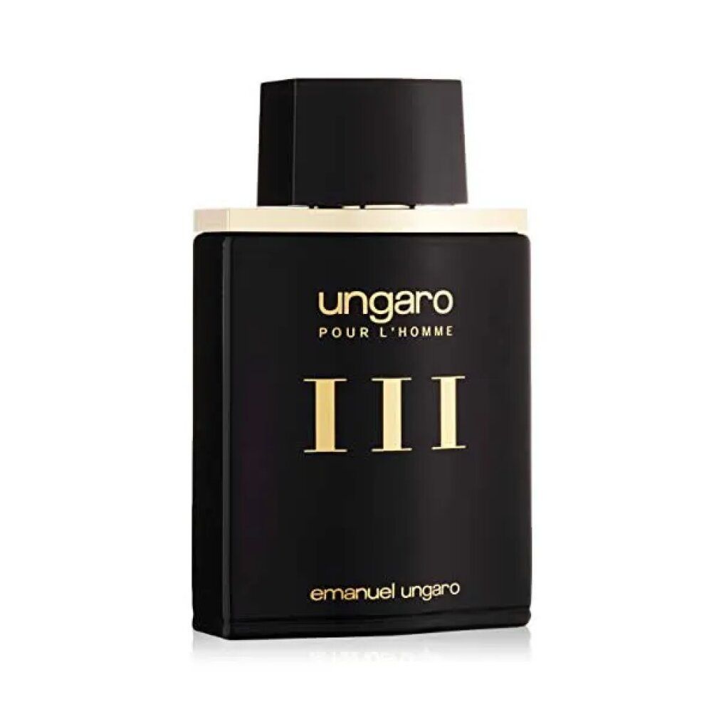 Flacone nero con scritta dorata "ungaro POUR L'HOMME III". Scritta "emanuel ungaro". Tappo nero.