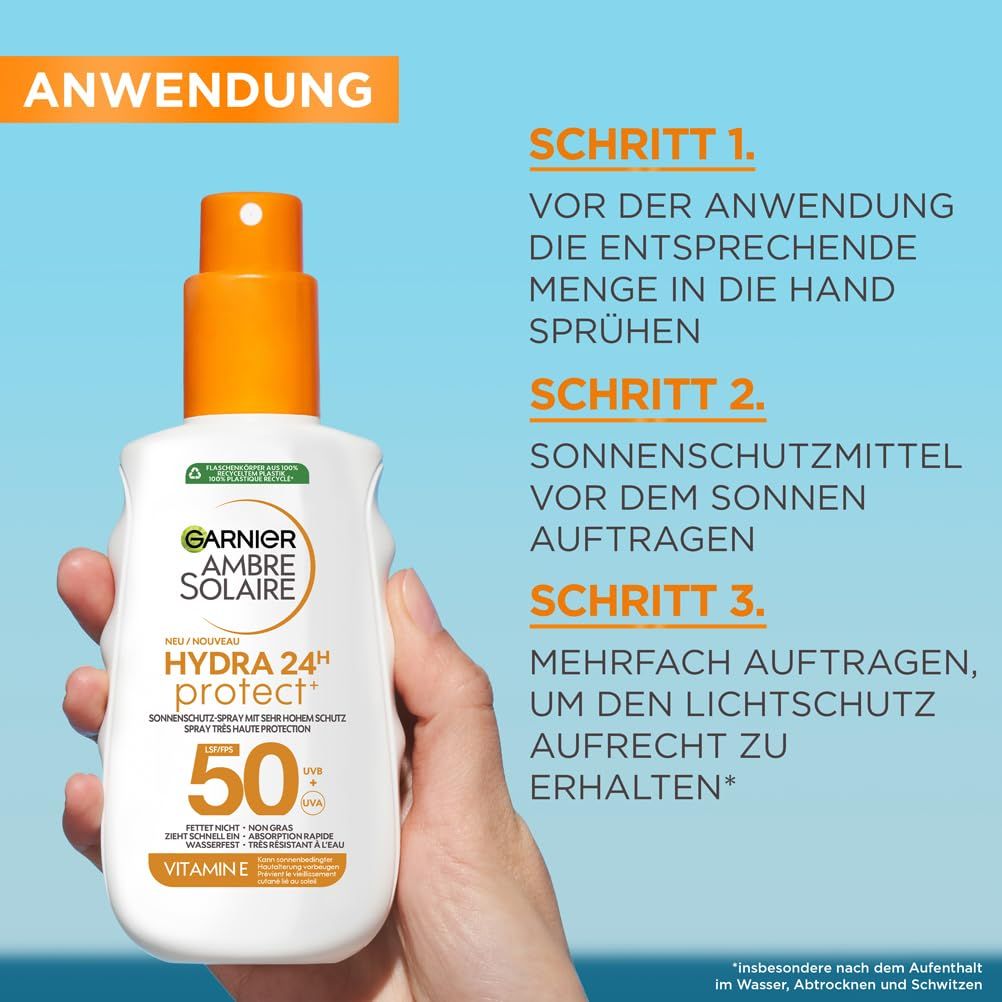 Mano che tiene spray solare. Testo: Garnier Ambre Solaire Hydra 24H Protect+, SPF 50. Istruzioni per l'uso.
