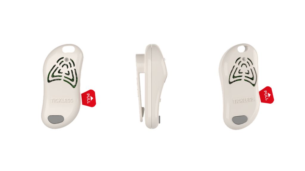 Tre dispositivi beige. Linguetta rossa. Dispositivo con clip. Dispositivo con foro. Testo 'TICKLESS'.