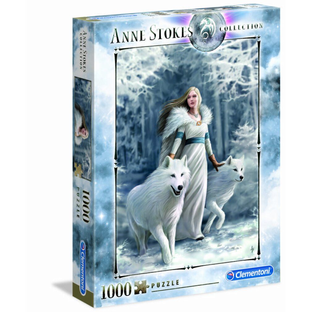Scatola puzzle. Soggetto: donna con lupi in un bosco invernale. Testo: Anne Stokes Collection, 1000 pezzi, Clementoni.