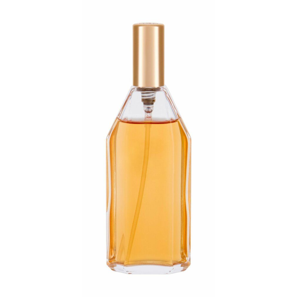 Flacone trasparente con tappo dorato. Forma rettangolare con angoli arrotondati. Liquido visibile.