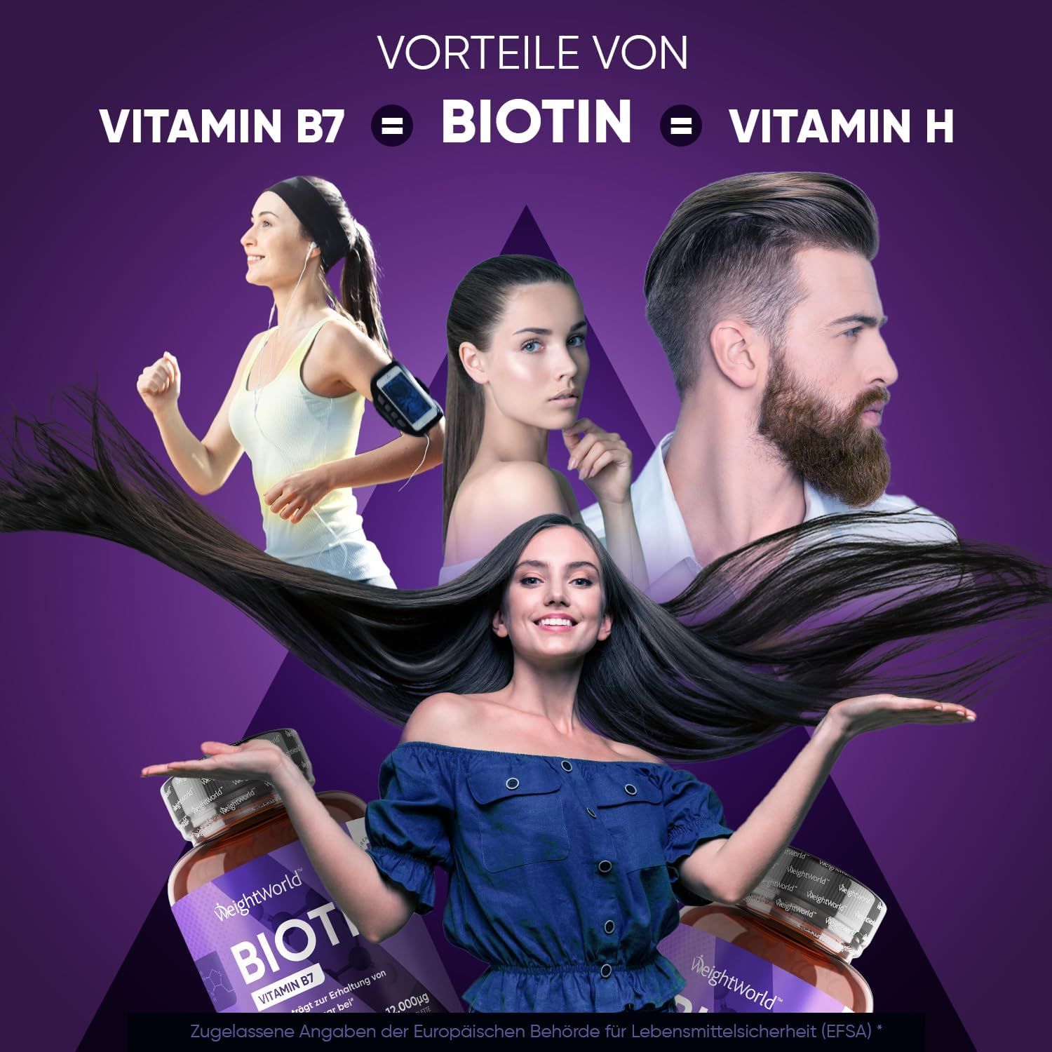 Immagine pubblicitaria con persone e capelli. Flaconi di BIOTINA. Testo: Vantaggi della vitamina B7 = Biotina = Vitamina H.