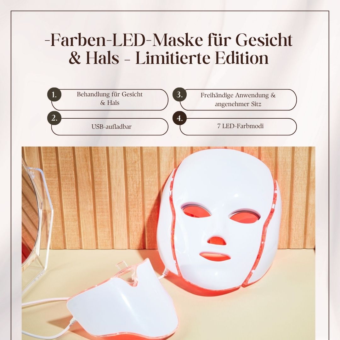Maschera facciale LED bianca con collo. Testo: Maschera LED colori per viso e collo - Edizione limitata.