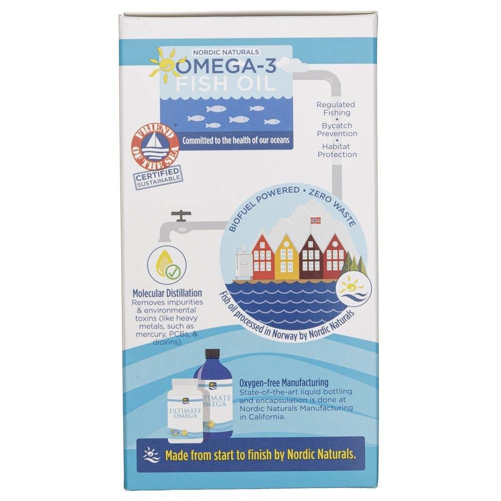 Lato della confezione Nordic Naturals Ultimate Omega-D3 con informazioni su sostenibilità e produzione.